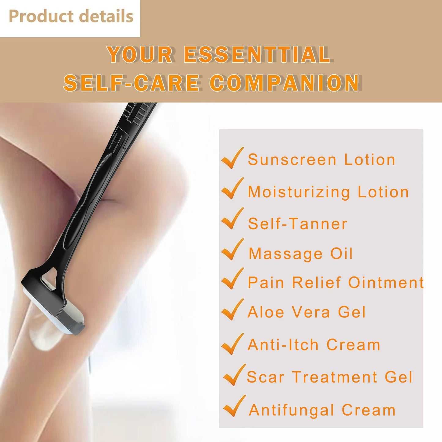 Portable Lotion Applicator Sunscreen Tanning Stick with Long Handle Foldable Back Applicator Replacement Heads